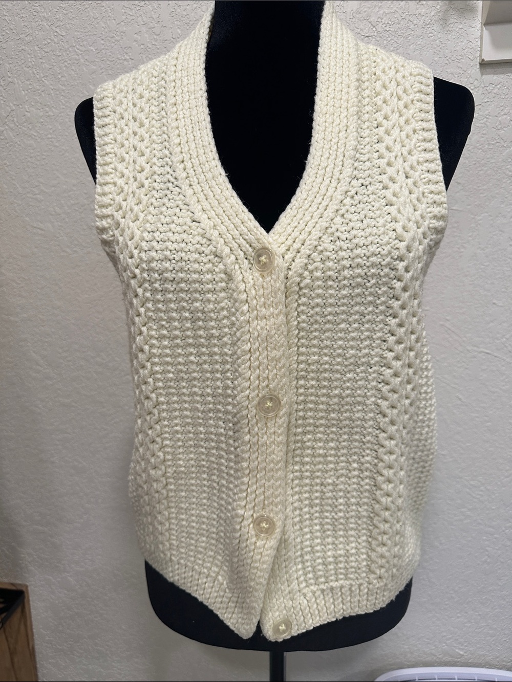 Vintage Cream V-Neck Cable Knit Button Front Sweater Vest